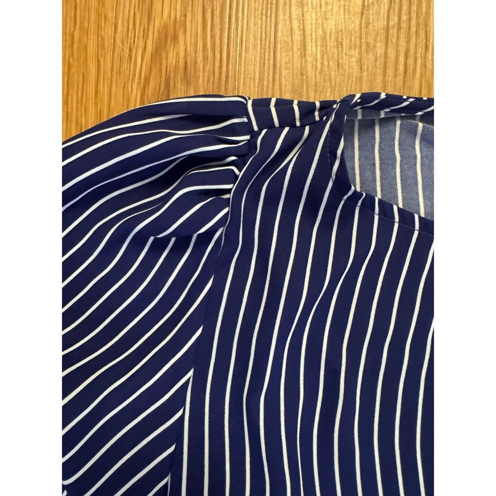 Ann Taylor Factory Navy Blue White Striped Puff Sleeve Blouse Boat Neck Large - Picture 4 of 8
